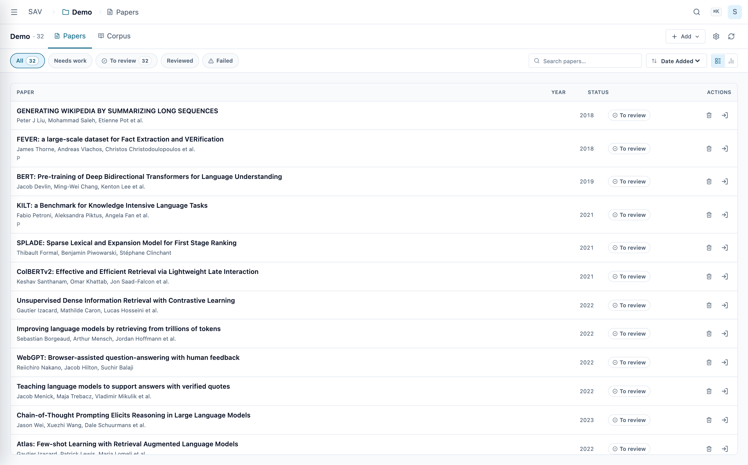 SAV project library — analyzed papers with status and corpus navigation.